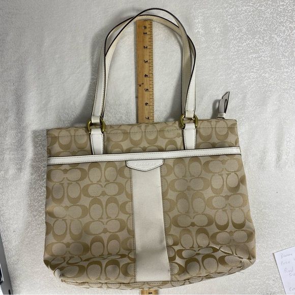 Coach New York Shoulder Bag Canvas Ivory Beige Zipper Purse - Picture 5 of 15